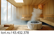 In a wooden sauna, steam is generated by a stone burner for a relaxing experience. Стоковое AI-изображение, AI-художник Юрий Поздников / Фотобанк Лори