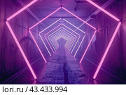 The image presents an aesthetically pleasing corridor with reflections of neon pink lights, imparting a futuristic vision. Стоковое AI-изображение, AI-художник Ярославский Максим / Фотобанк Лори