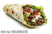 Tortilla wrap with fried chicken and fresh vegetables on a white background. Стоковое AI-изображение, AI-художник Ярославский Максим / Фотобанк Лори