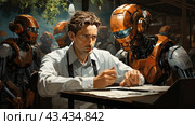 Tense scene in a futuristic office or laboratory. The center of attention is a man in a white shirt, who sits at a table and intently studies documents or drawings. Robots with orange bodies and glowing visors stand around him, creating an atmosphere of high technological progress and scientific research. The robots look massive and technologically advanced, giving the scene a sense of science fiction and innovation. The background of the image is darkened, with bright light sources, which emphasizes the concentration and seriousness of what is happening. Стоковое AI-изображение, AI-художник Анна Кривицкая / Фотобанк Лори