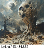 A dark and eerie landscape reminiscent of scenes from horror films or fantasy worlds. The focus is on a giant structure that resembles a skull, but is made of viscous and corroding materials, similar to fungus or spider webs. Dry and dead trees are scattered around the structure, giving the scene an additional sense of desolation and decay. The background features a full moon shrouded in fog and clouds, creating an even more ominous atmosphere. This image is perfect for illustrating themes related to horror, apocalypse and dark fantasy. Стоковое AI-изображение, AI-художник Анна Кривицкая / Фотобанк Лори