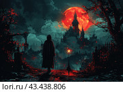 Dark and mysterious scene in gothic style. In the foreground, in the center of the picture, stands a lone figure in a long cloak, looking at a huge castle, illuminated by the bright red light of the full moon. The castle is located on a hill and rises above the rest of the city, from which thick smoke rises. Flocks of crows circle around the castle and in the sky, adding an ominous mood to the scene. The landscape is shrouded in darkness and gloomy hues, with red lights scattered throughout the image, adding to the sense of danger and mysticism. An antique lantern can be seen to the right of the figure, and trees with red leaves to the left, creating a contrast with the dark background. Стоковое AI-изображение, AI-художник Анна Кривицкая / Фотобанк Лори
