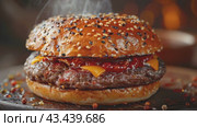 Sliced tasty juicy double beef cheese burger with fresh lettuce, tomatoes, onions, pickles and melted cheese stacked high, gourmet fast food, restaurant menus, hamburger sandwich with special sauces. Стоковое AI-видео, аниматор Ирина Михайличенко / Фотобанк Лори
