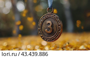 Заголовок Bronze medal for third place in competition on festive background with confetti, symbol of winner, celebration, sport competition, champion games. Стоковое AI-видео, аниматор Ирина Михайличенко / Фотобанк Лори