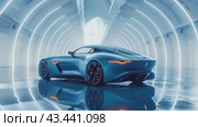 Luxury modern blue car parked at local dealership salon, on the mirror surface of an abstract geometric structure in a high-tech style. Automobiles for sale, rent, car showroom, copy space, ad. Стоковое AI-видео, аниматор Ирина Михайличенко / Фотобанк Лори
