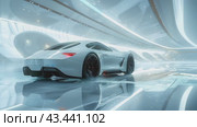 Luxury modern white car parked at local dealership salon, on the mirror surface of an abstract geometric structure in a high-tech style. Automobiles for sale, rent, car showroom, copy space, ad. Стоковое AI-видео, аниматор Ирина Михайличенко / Фотобанк Лори