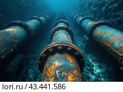 Massive pipelines running along the ocean floor. The pipes are covered with rust and sea deposits, evidence of their long existence under water. The water around has a rich blue color, creating an atmosphere of depth and mystery. The pipelines go into the distance, getting lost in the darkness, which emphasizes their impressive size and scale. The rocky seabed is also visible, adding detail and realism to the scene. Стоковое AI-изображение, AI-художник Анна Кривицкая / Фотобанк Лори