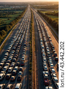 Aerial view of cars on road highway in traffic jam at sunset background. Traffic jam rush hour, cars in line, bumper to bumper, stuck in traffic at dusk. Urban transport concept. Copy ad text space. Стоковое AI-изображение, AI-художник Aleksandr Golubev / Фотобанк Лори