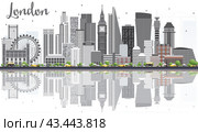 London Skyline with Gray Buildings, Blue Sky and Reflections Isolated on White Background. Business Travel and Tourism Concept. Image for Presentation Banner Placard and Web Site. Стоковая иллюстрация, иллюстратор Игорь Сорокин / Фотобанк Лори