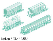 Isometric freight railroad, hopper car, railroad tank car and passenger railroad car. Object isolated on white background. Railway. Wagon on rails. Industrial transportation. Стоковая иллюстрация, иллюстратор Игорь Сорокин / Фотобанк Лори