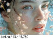 Close-up of the face of a young girl with green eyes and fair skin covered with small drops of water. Her skin is glowing and freckles are visible on her cheeks. There are delicate flowers around the face, adding a romantic and gentle mood to the composition. The girl's hair is slightly disheveled, which gives the image naturalness and liveliness. Light pastel shades create a feeling of purity and freshness. Стоковое AI-изображение, AI-художник Анна Кривицкая / Фотобанк Лори