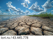 Landscape depicting a dry lake under bright sunlight. Deep cracks in the ground indicate prolonged drought. On the right are green grasses growing on the border of water and dry land. The horizon line is visible in the distance, and the sky is covered with beautiful fluffy clouds. The contrast between the blue sky, white clouds and cracked ground creates a striking and dramatic effect. Стоковое AI-изображение, AI-художник Анна Кривицкая / Фотобанк Лори