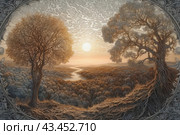 Landscape with two trees in the foreground, between which stretches a river, disappearing into the horizon. The sun sets behind the distant hills, lighting up the sky and creating a warm atmosphere. A forested area with dense trees takes up most of the image. The painting is framed with a decorative patterned frame adding an artistic element. Стоковое AI-изображение, AI-художник Анна Кривицкая / Фотобанк Лори