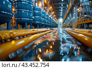 The interior space of an industrial enterprise or plant. In the foreground are long yellow pipes running across the floor, which is covered with water reflecting the light from the lamps. Large blue tanks or cisterns are lined along the walls of the room. The lighting is bright, with many lamps creating a warm and technological atmosphere. Metal structures and stairs are also visible in the frame, emphasizing the industrial nature of the scene. Стоковое AI-изображение, AI-художник Анна Кривицкая / Фотобанк Лори