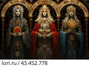 Three women dressed in medieval costumes with crowns and precious jewelry, standing in arched doorways against a background of complex ornamentation. The central figure stands out with her snow-white long hair and red cloak, she holds a scepter in her hands. The other two women on either side also wear richly decorated outfits and crowns, one of them in a dark gray robe with gold elements, the other in a blue cloak and holding a large gold cross in her hands. The entire scene is made in the Gothic style with many details and decorative elements. Стоковое AI-изображение, AI-художник Анна Кривицкая / Фотобанк Лори
