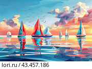 Ships with sails at sea at sunset. Geometric pattern. Стоковое AI-изображение, AI-художник Коханова Наталья / Фотобанк Лори