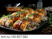 An appetizing dish consisting of several servings of baked rolls, generously sprinkled with dark sauce and garnished with fresh herbs. The dish is placed on a dark background, which emphasizes its bright and rich colors. A dish of sauce and a bottle of drink can be seen in the background, adding context and a sense of completeness to the composition. Overall, the photo makes you want to try this tasty and aromatic dish. Стоковое AI-изображение, AI-художник Анна Кривицкая / Фотобанк Лори