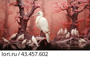 White herons gathered in a magical forest with pink trees. Birds stand on snags and in the water, creating a harmonious composition. The forest background is shrouded in soft pink light, which gives the scene a fairy-tale and mystical atmosphere. The water reflects delicate shades of pink and white, enhancing the feeling of magic and peace. Стоковое AI-изображение, AI-художник Анна Кривицкая / Фотобанк Лори