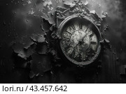 An image of an antique clock on a wall covered in layers of peeling paint and rust. The watch appears abandoned and worn by time, with hands missing or broken on the dial. The background is dark and gloomy, with a slight touch of smoke or fog, creating an atmosphere of desolation and oblivion. This image symbolizes lost time, decline and inevitable destruction, done in a dramatic and melancholic style. Стоковое AI-изображение, AI-художник Анна Кривицкая / Фотобанк Лори