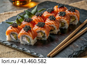 Japanese food. Sushi rolls California, Philadelphia with eel, red caviar and salmon. The concept of the sushi bar menu. Стоковое AI-изображение, AI-художник Photojuli / Фотобанк Лори