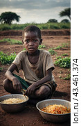 A child eating with two bowls of food in front of them, symbolizing the critical need for food aid and support in impoverished areas. Стоковое AI-изображение, AI-художник Tatiana Syrtseva / Фотобанк Лори