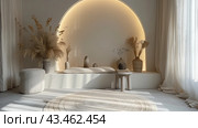 Modern Minimalist Interior Design With White Curtained Windows, Plush Seating, And Dried Pampas Grass In Vases. Стоковое AI-изображение, AI-художник Сергей Толмачёв / Фотобанк Лори