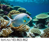 Vibrant orange white yellow blue red reef fish swim through coral reef. Sun rays pierce sea water. Variety of animal. Ecology hydrosphere. Anthropogenic factor influencing death of coral reefs. AI. Стоковое AI-изображение, AI-художник Юлия Петровская / Фотобанк Лори