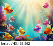 Vibrant orange white yellow blue red reef fish swim through coral reef. Sun rays pierce sea water. Variety of animal. Ecology hydrosphere. Anthropogenic factor influencing death of coral reefs. AI. Стоковое AI-изображение, AI-художник Юлия Петровская / Фотобанк Лори