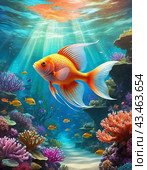 Vibrant orange white yellow blue red reef fish swim through coral reef. Sun rays pierce sea water. Variety of animal. Ecology hydrosphere. Anthropogenic factor influencing death of coral reefs. AI. Стоковое AI-изображение, AI-художник Юлия Петровская / Фотобанк Лори