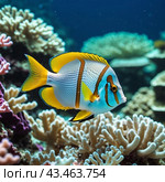 Vibrant orange white yellow blue red reef fish swim through coral reef. Sun rays pierce sea water. Variety of animal. Ecology hydrosphere. Anthropogenic factor influencing death of coral reefs. AI. Стоковое AI-изображение, AI-художник Юлия Петровская / Фотобанк Лори