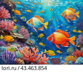 Vibrant orange white yellow blue red reef fish swim through coral reef. Sun rays pierce sea water. Variety of animal. Ecology hydrosphere. Anthropogenic factor influencing death of coral reefs. AI. Стоковое AI-изображение, AI-художник Юлия Петровская / Фотобанк Лори