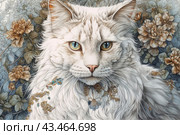 Close-up of a white cat with red markings surrounded by decorative flowers and leaves. The cat has expressive yellow eyes and a pink nose. His long and thick coat is carefully drawn, creating a feeling of softness and fluffiness. The background of the painting is made in blue-beige and brown tones, which emphasizes the beauty and elegance of the animal. The painting combines elements of realism and artistic stylization, creating a harmonious and sophisticated image. Стоковое AI-изображение, AI-художник Анна Кривицкая / Фотобанк Лори