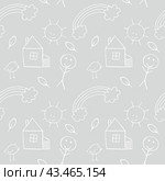 Grey children's seamless background with contour Doodle illustrations. A house, a rainbow, a person, a twig on a gray background. Endless repeating pattern for textiles, fabric, clothing, packaging. Стоковая иллюстрация, иллюстратор Полина Екимова / Фотобанк Лори