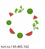 National watermelon day in the United States. Round photo frame with watermelon, watermelon slice and leaves. Design of the summer fruit festival and watermelon festival. Vector illustration. Стоковая иллюстрация, иллюстратор Полина Екимова / Фотобанк Лори