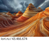Striated Sandstone Formations Under Stormy Sky. Стоковое AI-изображение, AI-художник Кирилл Черезов / Фотобанк Лори