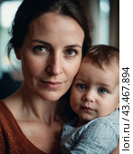 A mother lovingly gazes at her infant baby, holding the child close in her arms. Cute infant child is calm. Love of mother and child. Happy childhood. Family relationships, motherhood and fertility. Стоковое AI-изображение, AI-художник Юлия Петровская / Фотобанк Лори