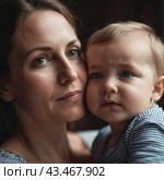 A mother lovingly gazes at her infant baby, holding the child close in her arms. Cute infant child is calm. Love of mother and child. Happy childhood. Family relationships, motherhood and fertility. Стоковое AI-изображение, AI-художник Юлия Петровская / Фотобанк Лори