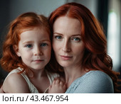 A mother lovingly gazes at her infant baby, holding the child close in her arms. Cute infant child is calm. Love of mother and child. Happy childhood. Family relationships, motherhood and fertility. Стоковое AI-изображение, AI-художник Юлия Петровская / Фотобанк Лори