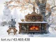Winter landscape with an antique stove decorated with carvings and a teapot on the table. The stove is richly decorated with ornaments and patterns, and a bright fire burns in its firebox, creating a contrast with the surrounding snow. A decorative teapot is also visible in the foreground, standing on an elegant table. In the background you can see snow-covered trees and an ancient building, adding an atmosphere of antiquity and comfort to the scene. The tree branches are covered with snow, and some of them are decorated with yellow leaves, which adds a little warmth and color to the picture. Стоковое AI-изображение, AI-художник Анна Кривицкая / Фотобанк Лори