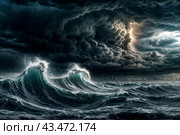 Dramatic scenery of giant tsunami waves at dark stormy sky background with tornado on urban skyline. Poster of meteorology eco climate problem. Apocalyptic scene, doomsday concept. Copy ad text space. Стоковое AI-изображение, AI-художник Aleksandr Golubev / Фотобанк Лори
