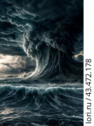 Dramatic scenery of giant tsunami waves at dark stormy sky background with tornado on urban skyline. Poster of meteorology eco climate problem. Apocalyptic scene, doomsday concept. Copy ad text space. Стоковое AI-изображение, AI-художник Aleksandr Golubev / Фотобанк Лори