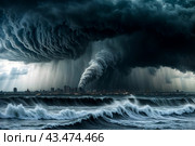 Dramatic scenery of tornado at urban skyline, giant tsunami waves at dark stormy sky with lightning bolt. Poster of meteorology climate problem. Apocalyptic scene, doomsday concept. Copy ad text space. Стоковое AI-изображение, AI-художник Aleksandr Golubev / Фотобанк Лори