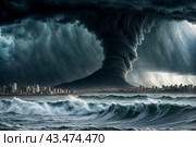 Dramatic scenery of tornado at urban skyline, giant tsunami waves at dark stormy sky with lightning bolt. Poster of meteorology climate problem. Apocalyptic scene, doomsday concept. Copy ad text space. Стоковое AI-изображение, AI-художник Aleksandr Golubev / Фотобанк Лори