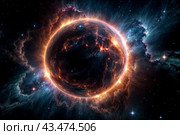 Celestial space phenomenon as supernova with exploding stars cosmic shock waves and radiant nebula on night sky. Perfect background for poster. Cosmic science spectacle concept. Copy ad text space. Стоковое AI-изображение, AI-художник Aleksandr Golubev / Фотобанк Лори