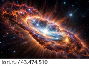 Celestial space phenomenon as supernova with exploding stars cosmic shock waves and radiant nebula on night sky. Perfect background for poster. Cosmic science spectacle concept. Copy ad text space. Стоковое AI-изображение, AI-художник Aleksandr Golubev / Фотобанк Лори
