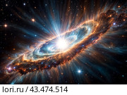 Celestial space phenomenon as supernova with exploding stars cosmic shock waves and radiant nebula on night sky. Perfect background for poster. Cosmic science spectacle concept. Copy ad text space. Стоковое AI-изображение, AI-художник Aleksandr Golubev / Фотобанк Лори