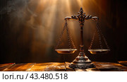 Legal office of lawyers, justice and law concept : Retro balance scale of justice on a desk in a courtroom, depicting giving fair and objective consideration to all evidence, without showing bias. Стоковое AI-изображение, AI-художник Ирина Михайличенко / Фотобанк Лори