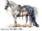 A majestic white horse with a long mane, standing in profile. He is adorned with a luxurious dark blue velvet blanket with gold embroidery that gives him the appearance of a royal stallion. The horse with reins and saddle looks proud and calm. The background of the image is white, which allows you to focus on the details of the horse and its decorations. The painting was made in watercolor technique, conveying the softness and grace of the animal. Стоковое AI-изображение, AI-художник Анна Кривицкая / Фотобанк Лори
