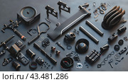 A set of various bicycle accessories and components neatly laid out on a flat surface. Among them you can see handlebars, pedals, saddles, brake levers, mounts, pumps, lights and other parts necessary for maintaining and upgrading a bicycle. All elements are finished in black and gray with accents, creating a stylish and modern look. The image is ideal for use in bicycle shop catalogues, cycling and equipment websites. Стоковое AI-изображение, AI-художник Анна Кривицкая / Фотобанк Лори