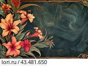 Art deco style edges made up of day Lilies and morning glories, on a white background. Стоковое AI-изображение, AI-художник Ирина Ручушкина / Фотобанк Лори
